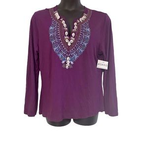 Ashro Seashells Embroidered Berry-Purple Rayon Knit Boho Long Sleeve Tunic Top